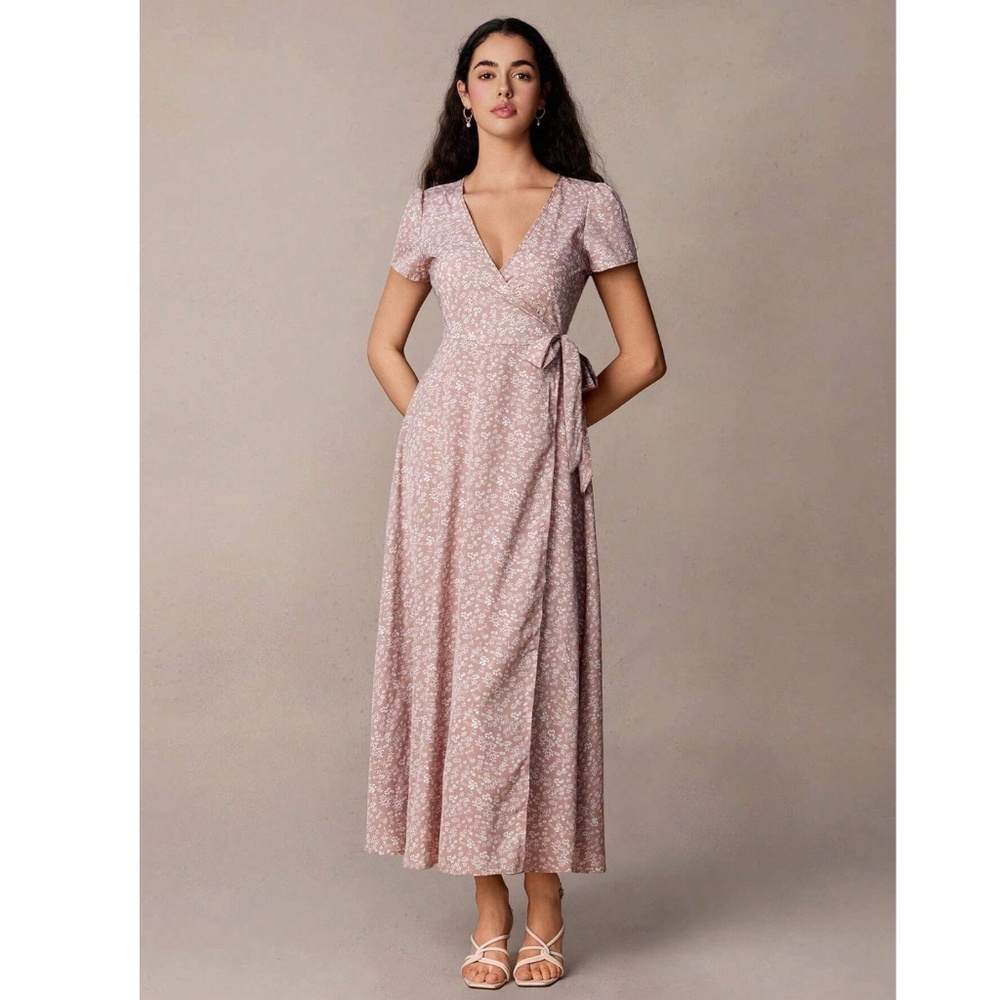 Dusty Pink Floral Print Long Wrap Dress - Picture 12 of 14